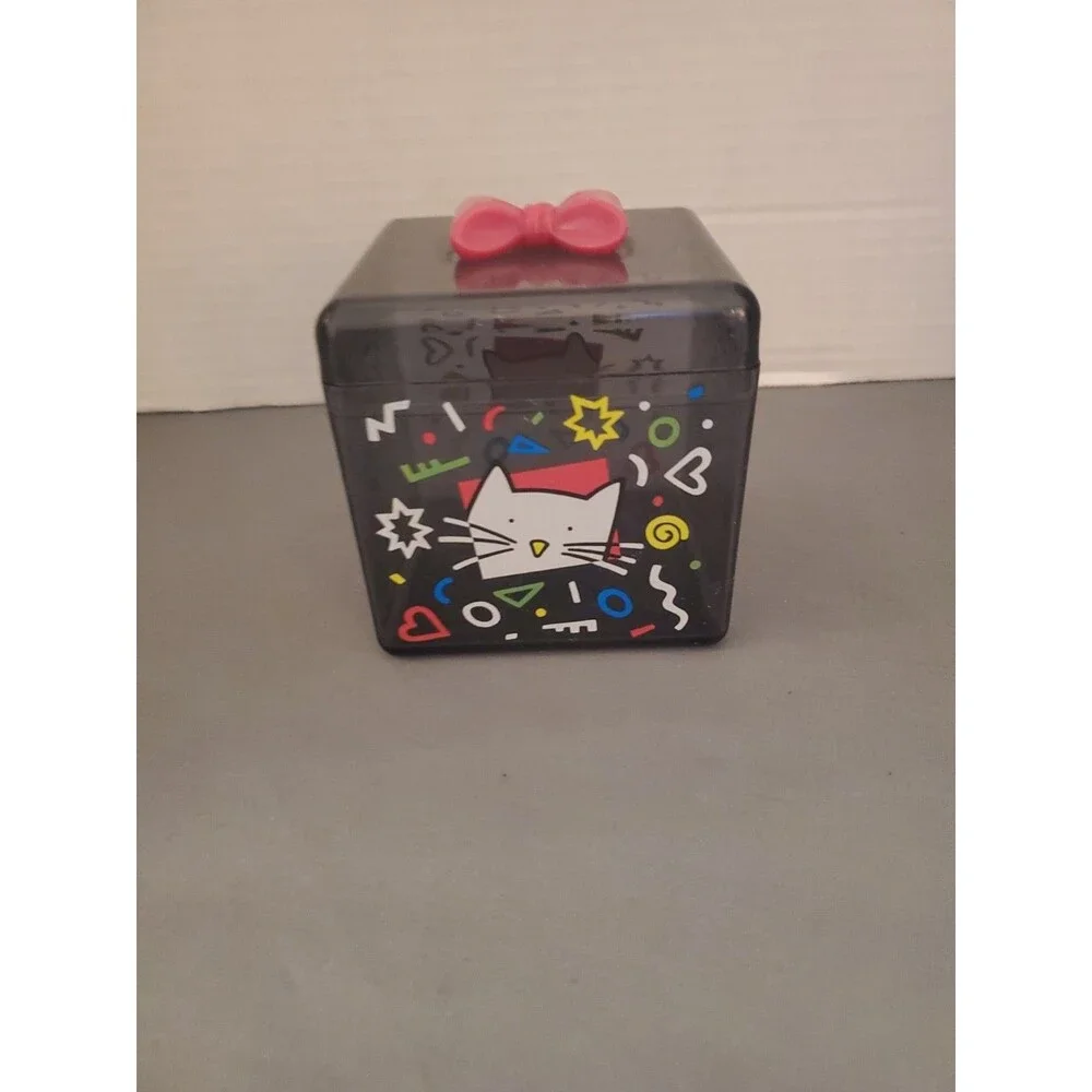 Vintage 90’s Sanrio Cat Clear Black Plastic Trinket Box With Pink Bow On Top